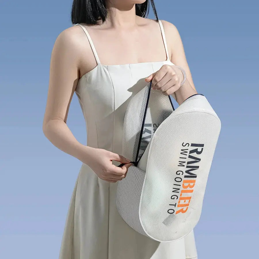 XXL water-resistant duffel organizer bag by Simples Market, white mesh with orange lettering for swimming gear
