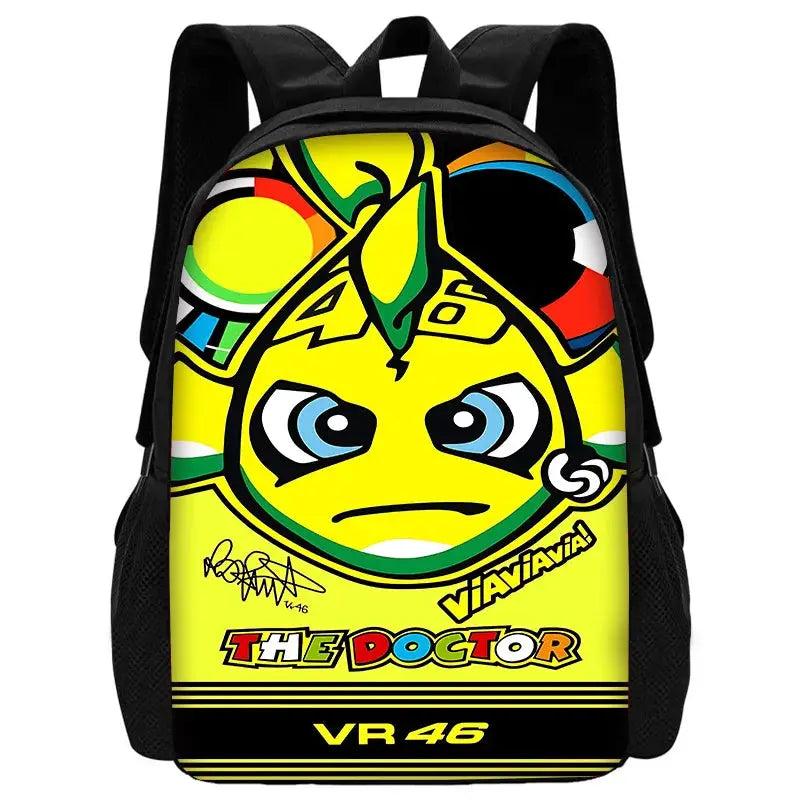 Kids' school backpack with a bright yellow front featuring VR46 The Doctor cartoon, black sides