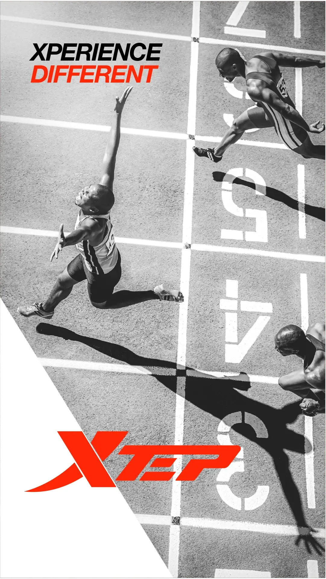 Xtep men's running shoes poster showing three grayscale runners with bold red Xtep logo