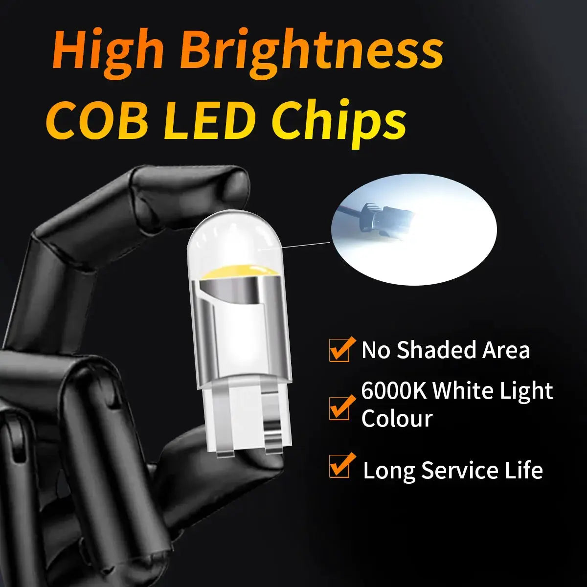 360 transparent COB LED T10 W5W bulb for 12V car rear-view mirror reverse light; Simples Market, white 6000K, long life