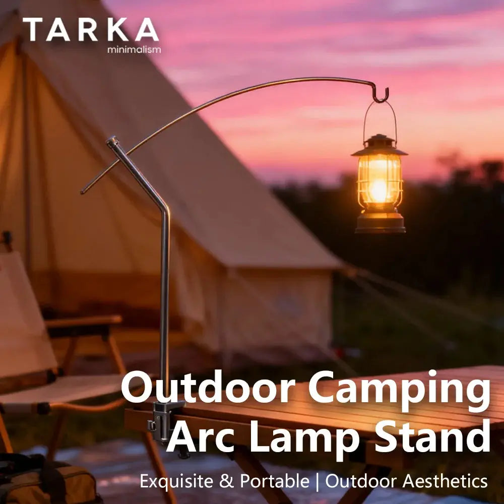 TARKA arc lamp stand for tabletop outdoor camping with a hanging lantern; ultralight, portable, and versatile.