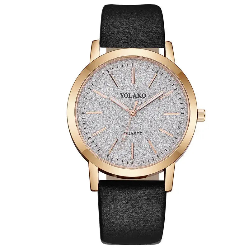 YOLAKO quartz women's watch with rose-gold case, glitter silver round dial, and black leather strap