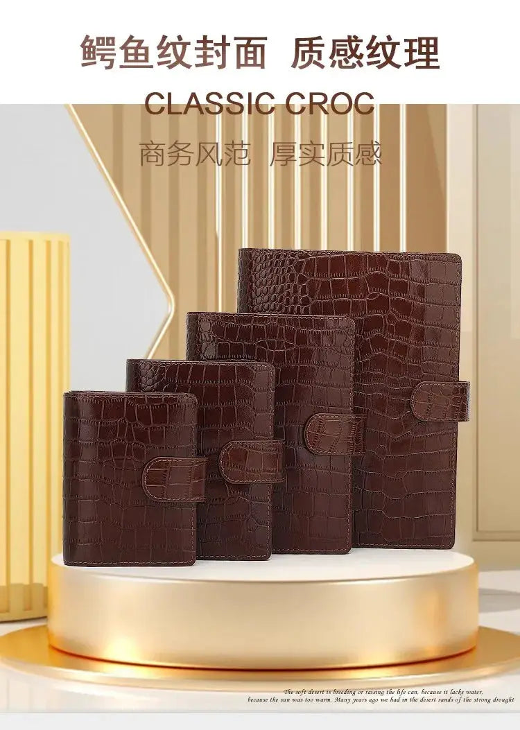 Yiwi genuine leather pocket-size planners, crocodile-brown, ring binder, set of 5 (A8–A5) by Simples Market
