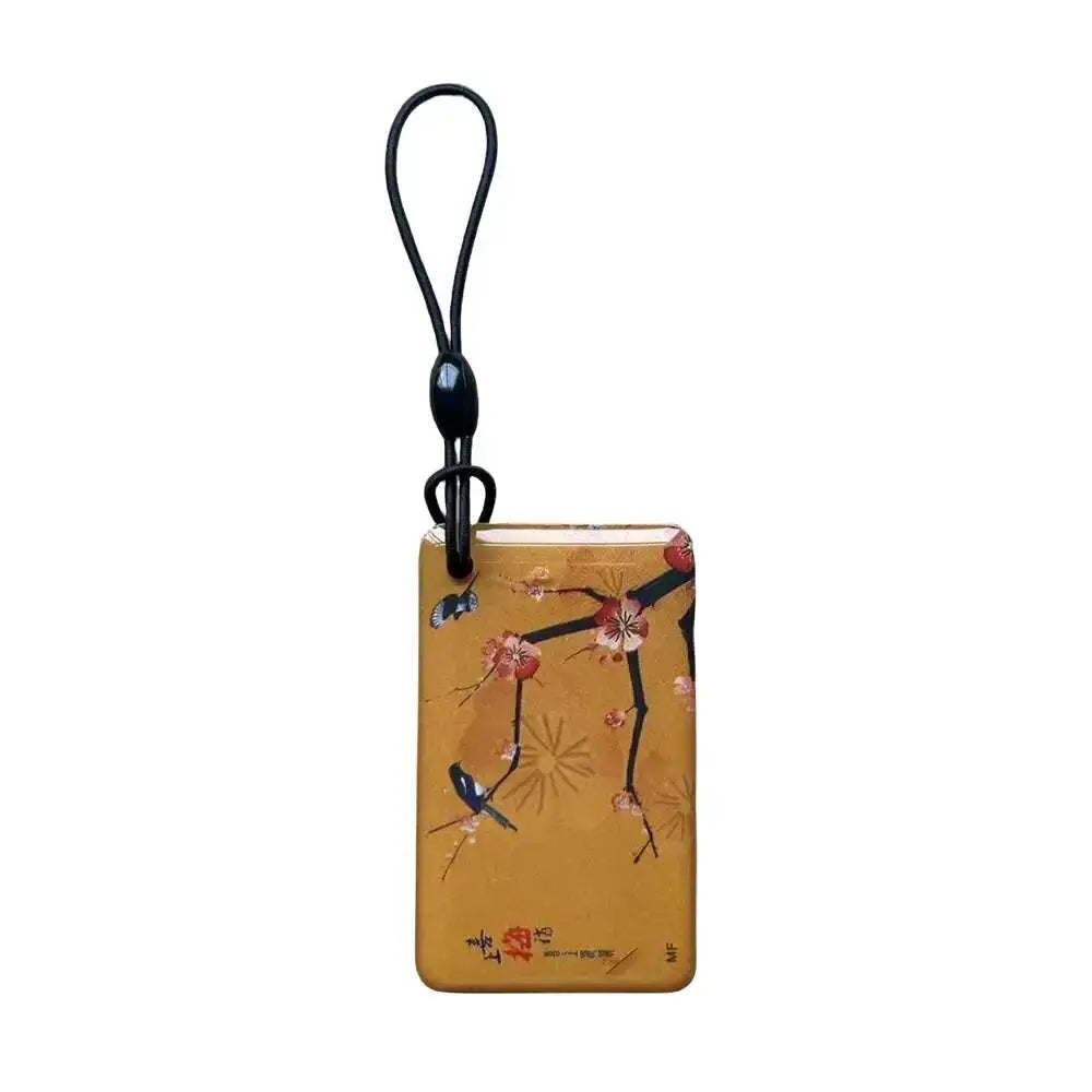 Simples Market RFID keyfob with tan floral pattern and black lanyard; waterproof 13.56MHz UID rewritable IC