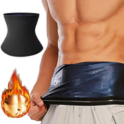 Two black men's sauna waist trainer belts; body shaper worn around the waist on a shirtless torso with a heat flame icon