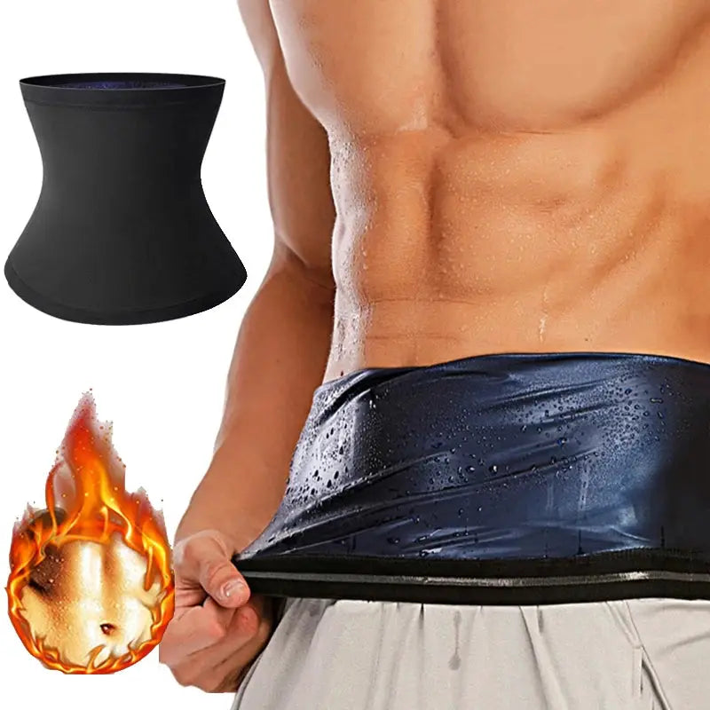 Two black men's sauna waist trainer belts; body shaper worn around the waist on a shirtless torso with a heat flame icon