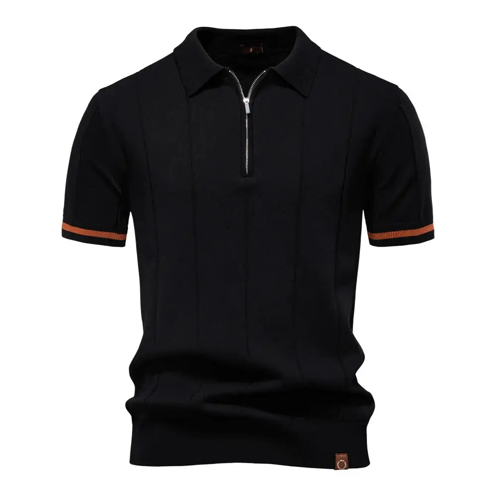Simples Market men's black zippered polo shirt with orange sleeve stripe, slim fit
