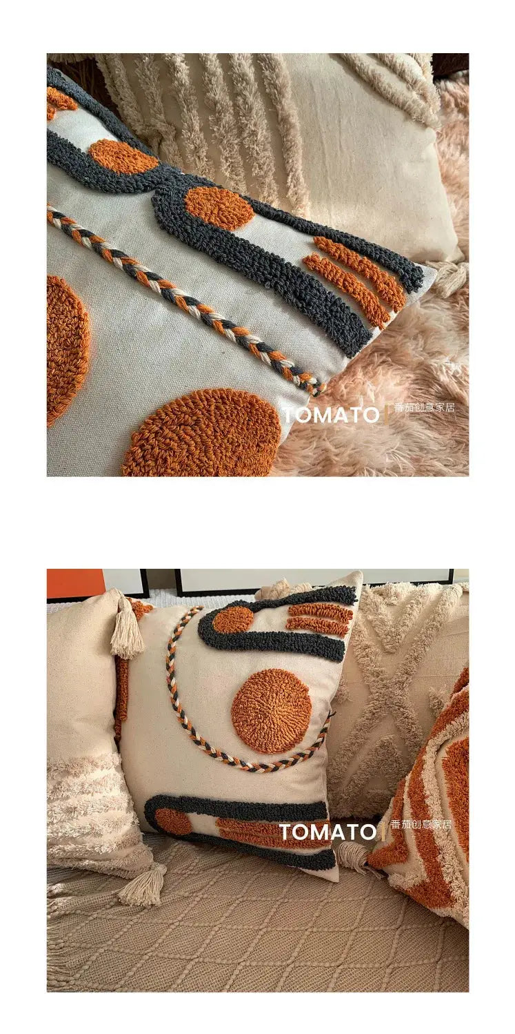 Bohemian pillow cover set of two with beige, geometric embroidery, orange circles, navy trim, tassels Simples Market