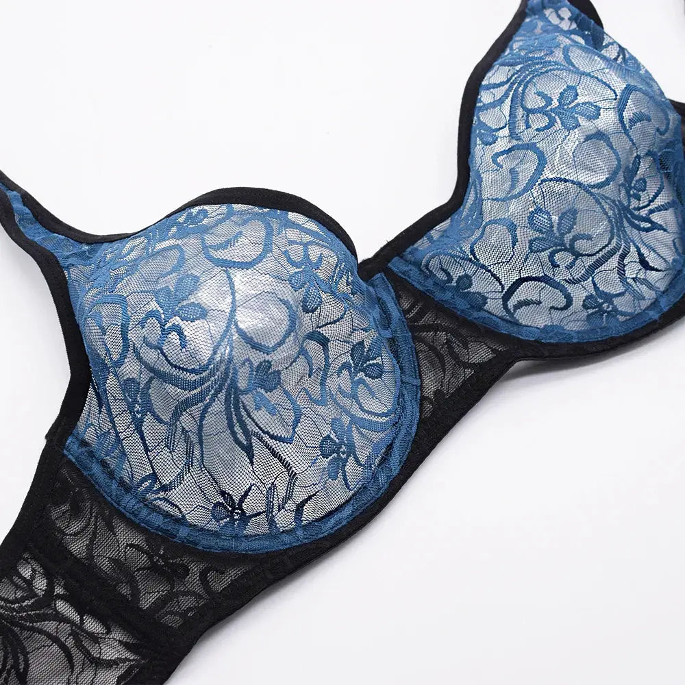 Lace underwire bra in blue with black trim and floral embroidery.