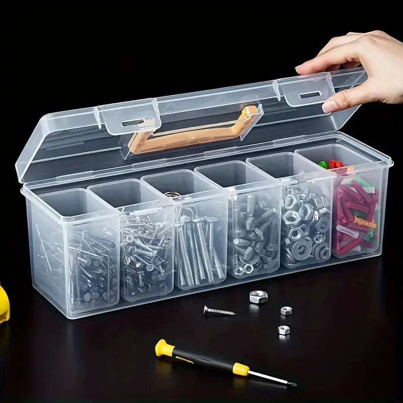 Professional 7-Piece Tool Organizer Set in a clear case with dividers for screws, nuts and bolts