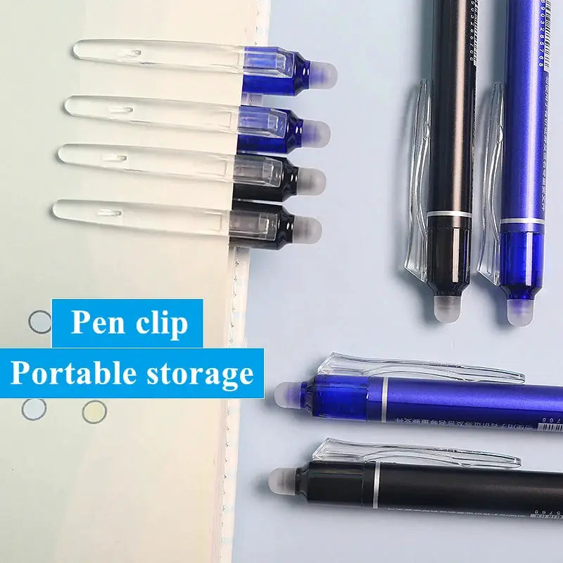 Retractable gel pen set 0.5mm with erasers and refills; black and blue ink, Simples Market, 6 pens