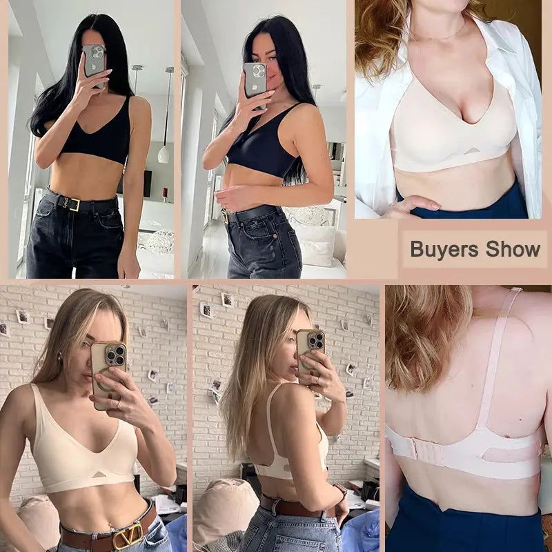 Six wire-free bras by Simples Market; seamless black, nude, and white styles shown.