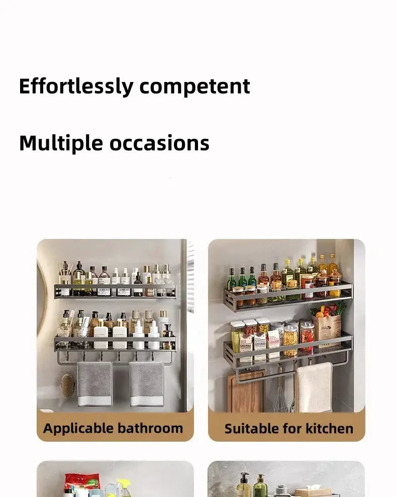 Simples Market no-drill aluminum corner shelf for bathroom; all-in-one shampoo organizer and towel holder, two setups.