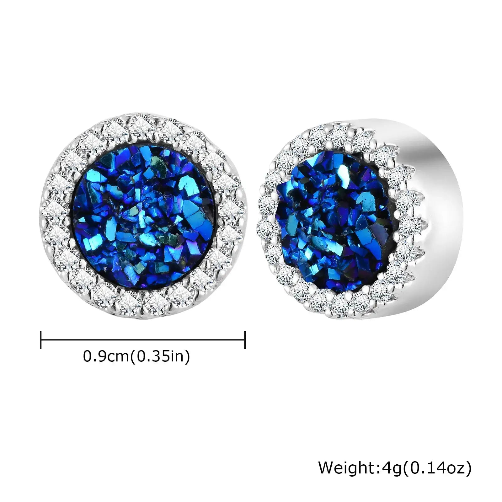 Punk round zircon magnetic ear studs with blue iridescent center and crystal halo, stainless steel non-piercing, 2 pcs