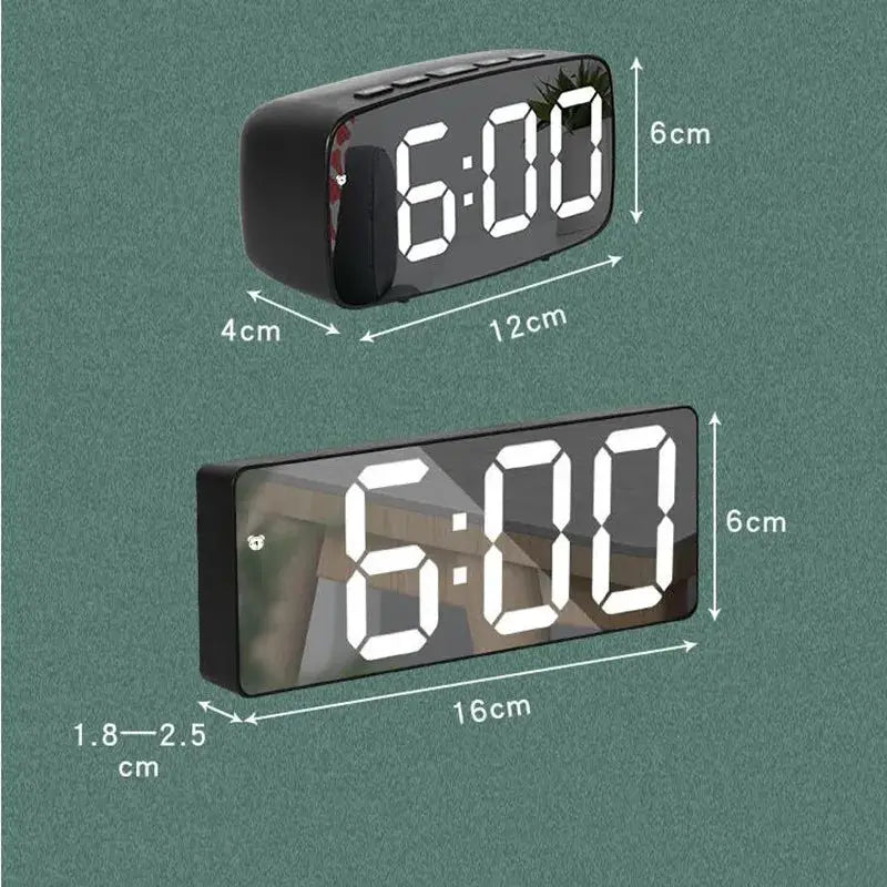 Acrylic mirror digital alarm clock with voice control, 12/24h display and night mode; two clocks shown