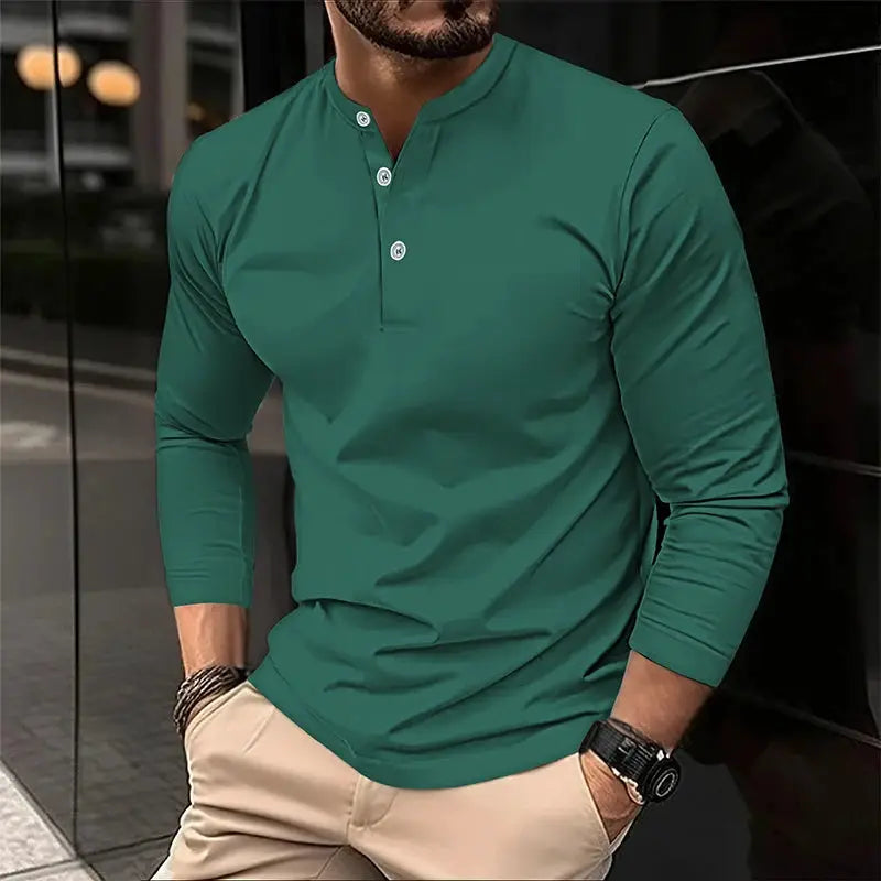 Men's green long-sleeve henley polo shirt, breathable solid top
