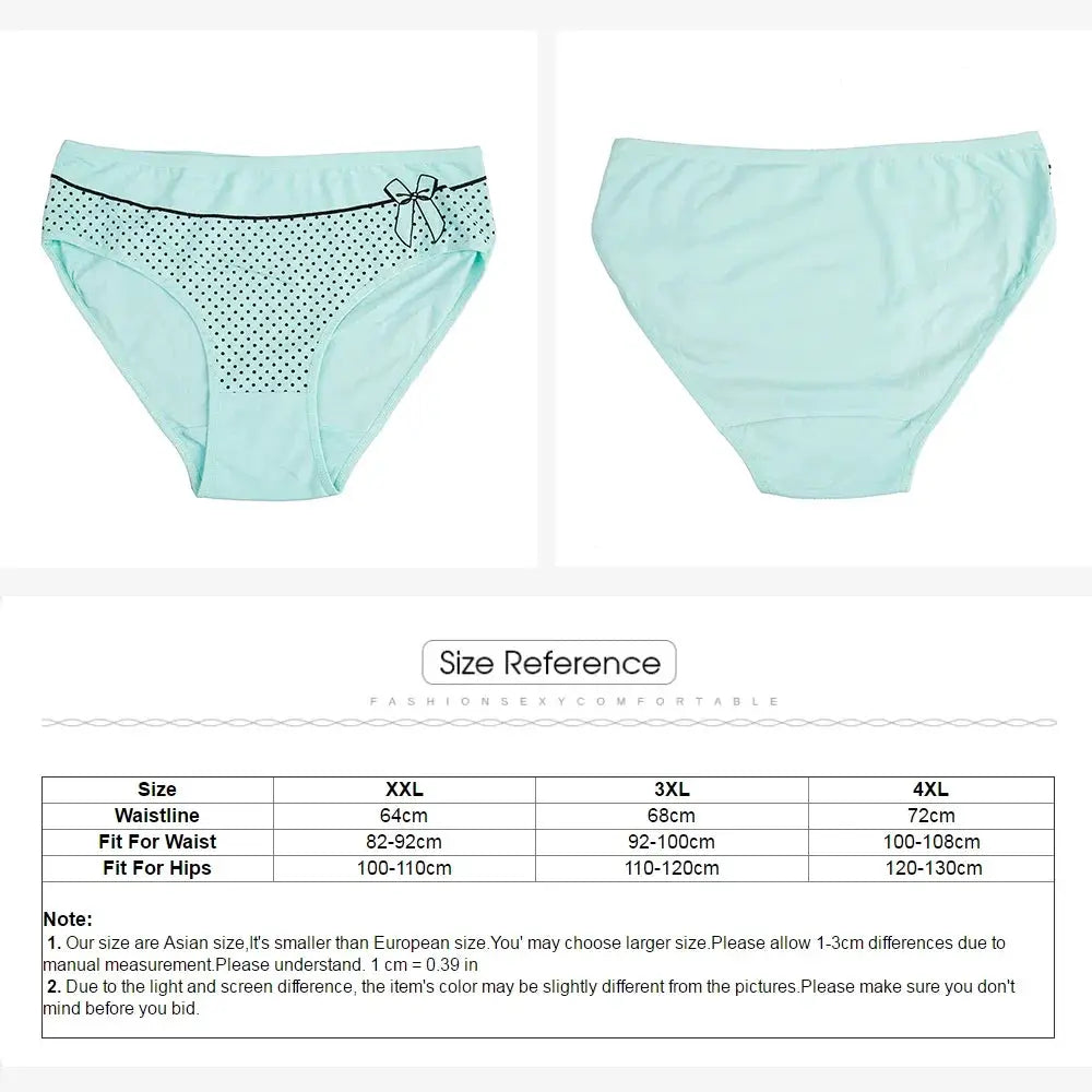 Simples Market women's mint green cotton briefs set with black polka-dot front and bow, mid-rise, 6 pcs, sizes 2XL–4XL