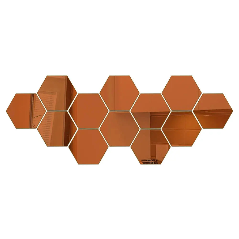 Hexagon mirror wall sticker set in copper-orange, 126mm tiles, 6/12 pcs, DIY self-adhesive decor