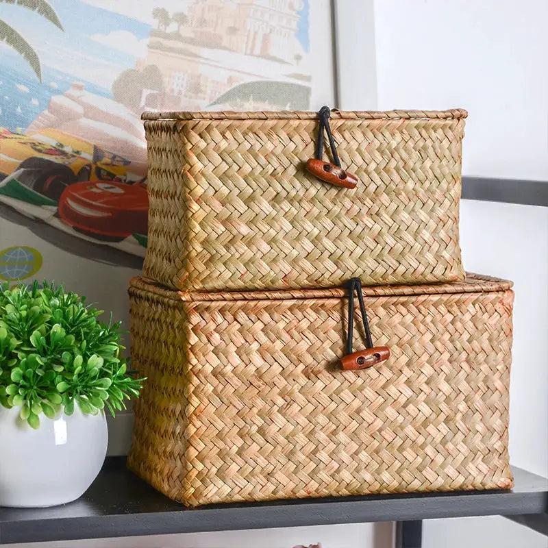 Rectangular seagrass storage baskets with lids; natural color, wooden toggle closures, set of 2