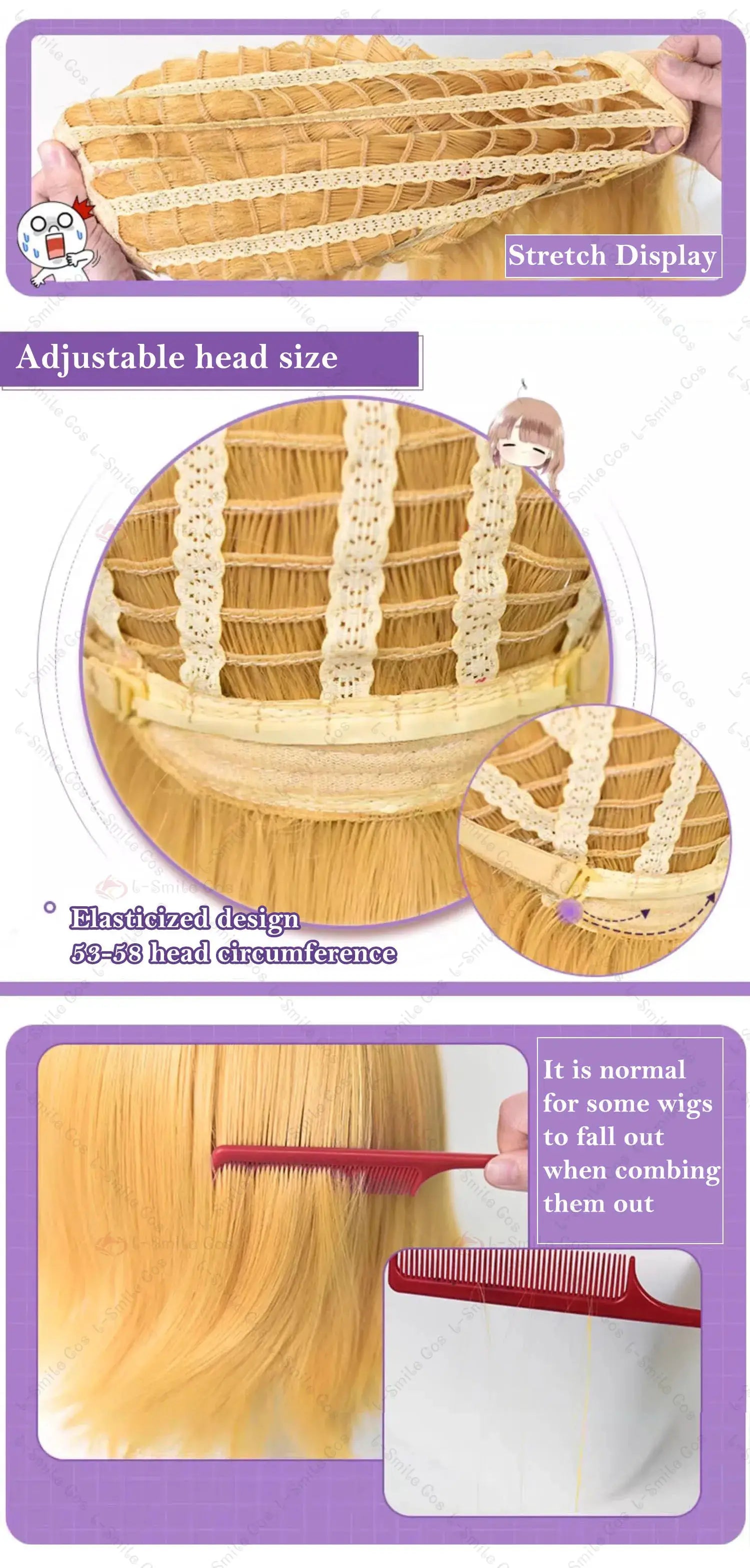 Columbina Fatui Damselette cosplay wig, blonde heat-resistant synthetic hair with lace cap, 53–58 cm, Simples Market