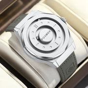 FOXBOX men's stainless steel quartz watch with gray strap in a presentation box