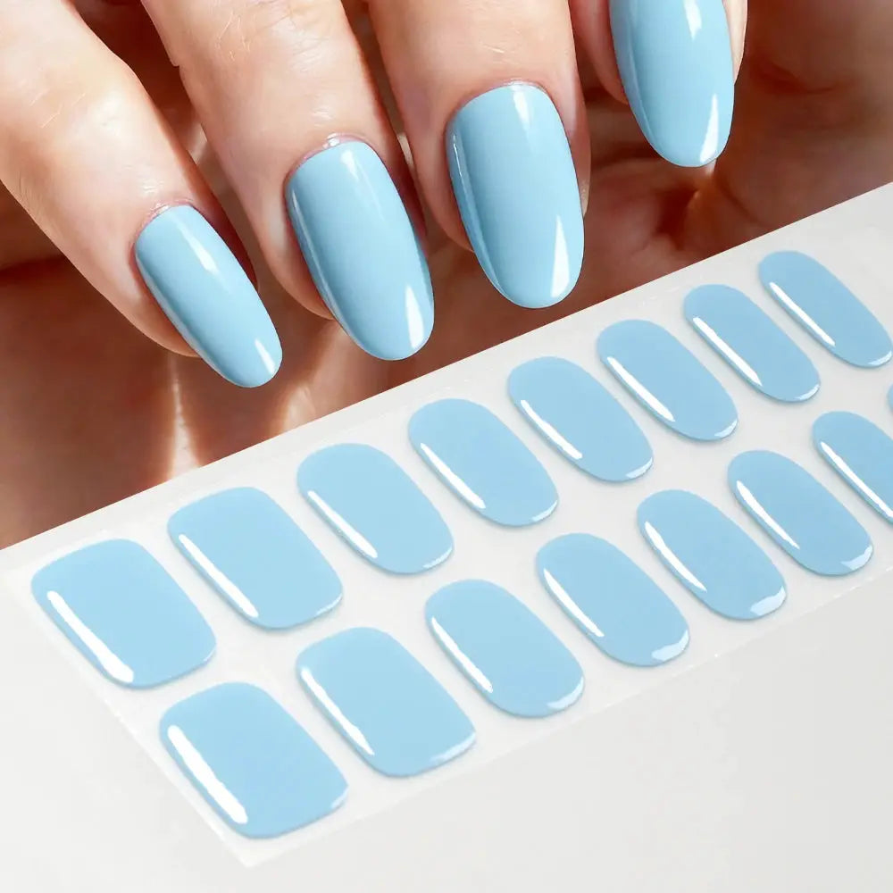 16Tips blue gel nail wrap stickers sheet by Simples Market, full-cover decals