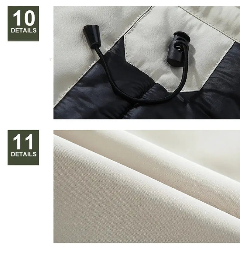 Men's winter down parka jacket; beige and black two-tone fabric with quilted panels and adjustable drawcord