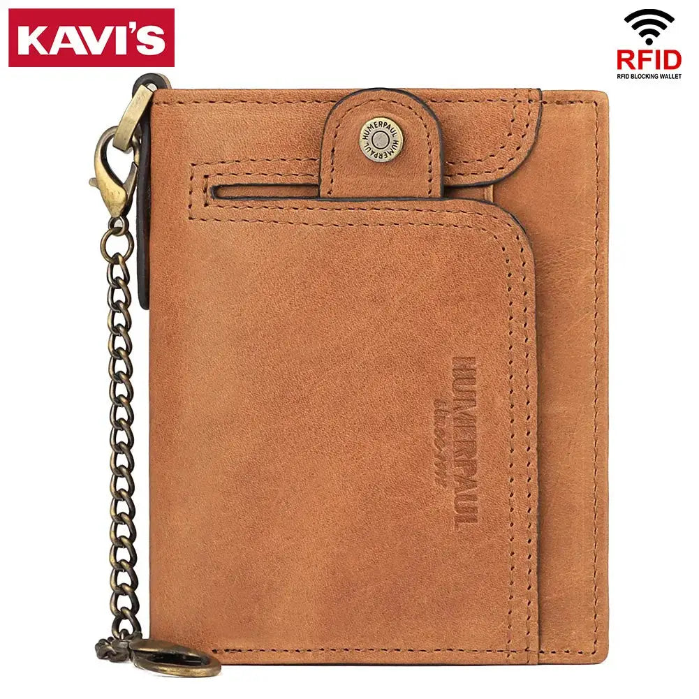 KAVI'S real leather RFID-blocking men's wallet, tan short bifold with zip coin pocket and anti-theft chain