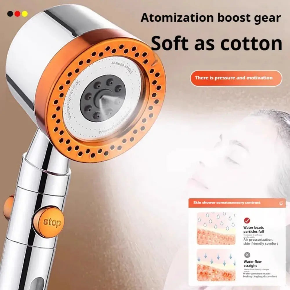 Simples Market 5-mode shower head with orange ring and chrome handle, high-pressure portable rain shower set.