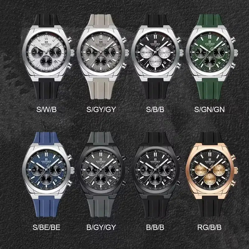 NAVIFORCE men's multifunctional chronograph wristwatches with silicone straps in eight color variants