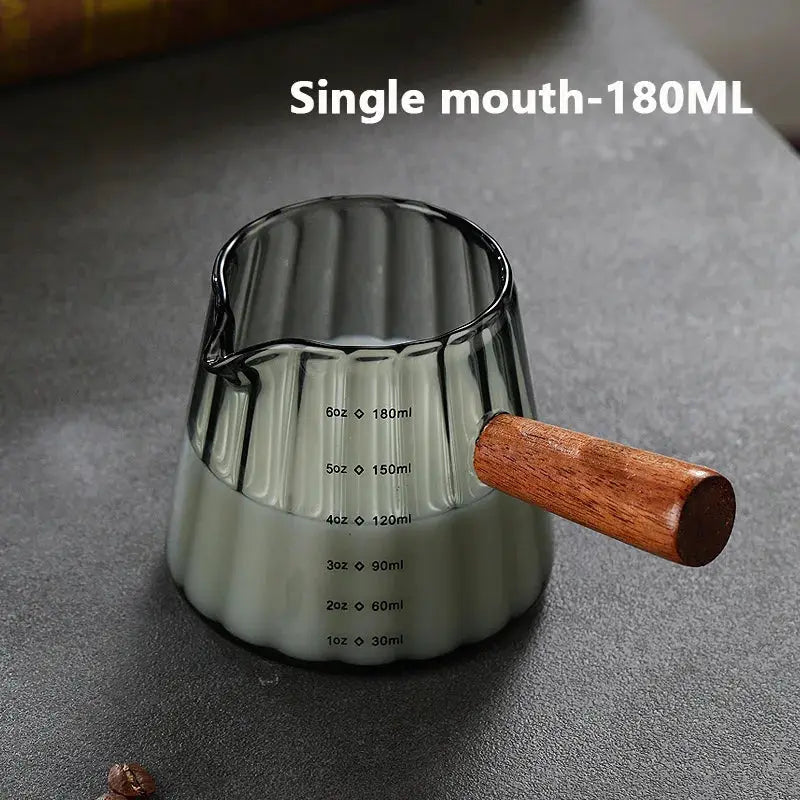 Wooden Handle Measuring Cup With Single And Double Spouts Italian Glass 90ml 120ml 180ml Coffee Milk Cup