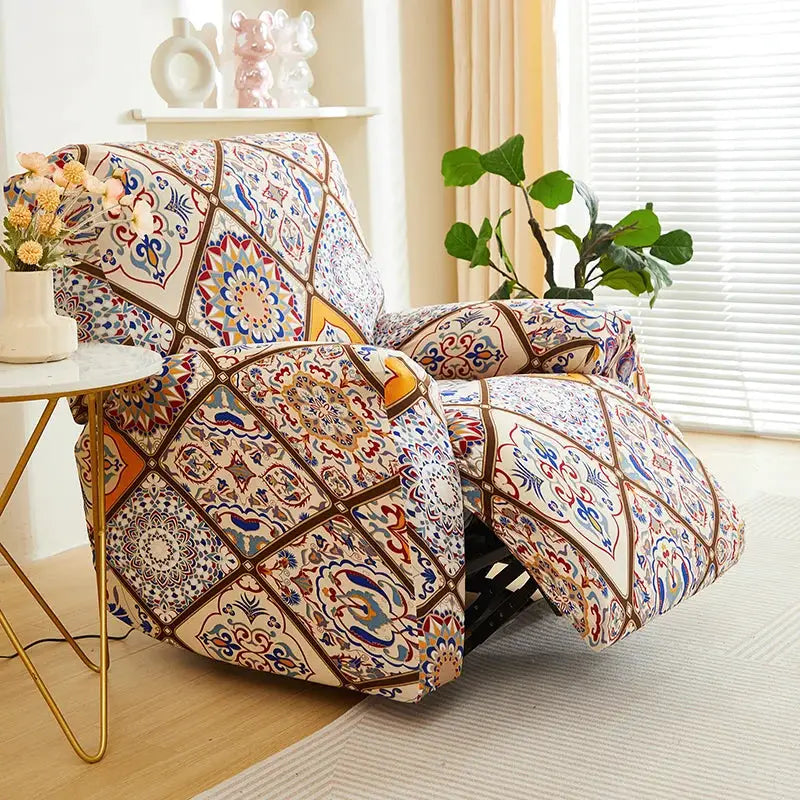 Recliner cover by Simples Market in colorful tile-pattern, stretch fabric for 1/2/3-seat recliners