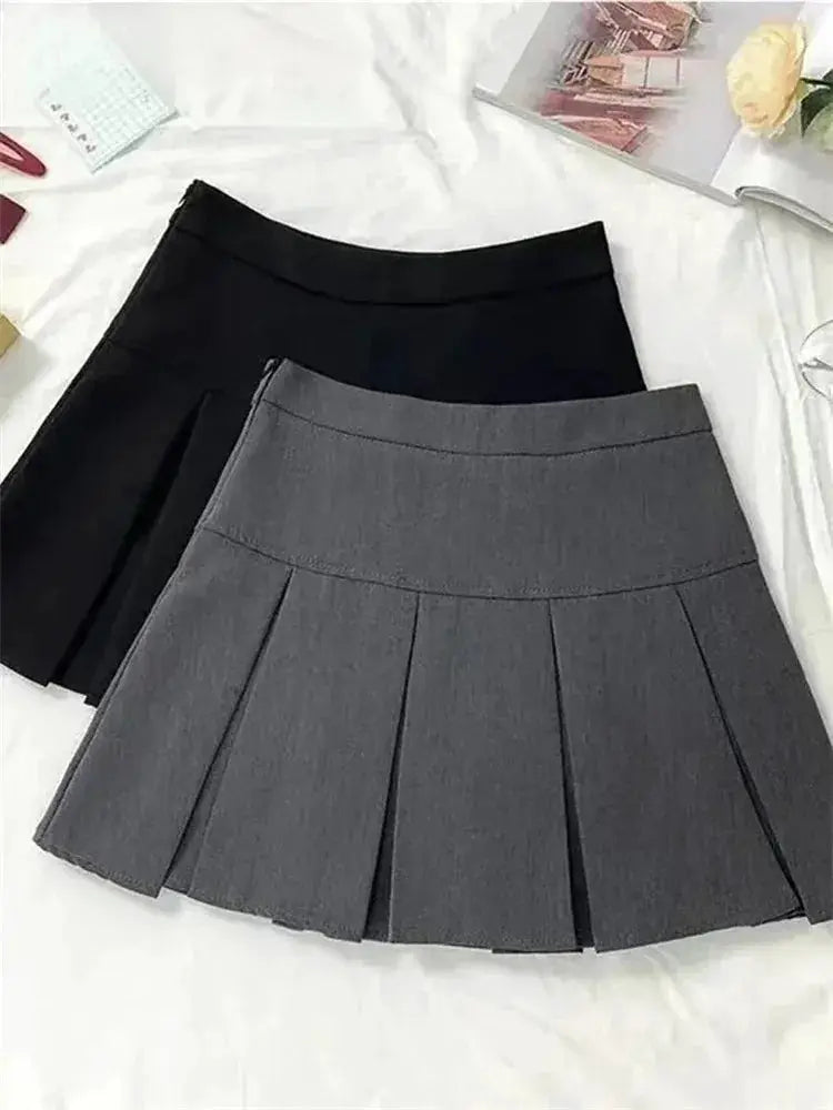 Pleated mini skirts, 3-piece set, high-waist in gray and black