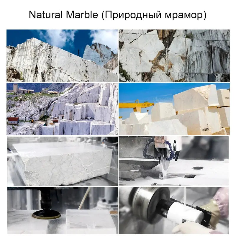 Indian Green Natural Marble bathroom accessories set by Simples Market; collage of marble blocks and processing images