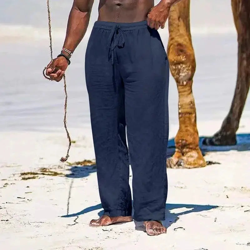 Men's navy cotton linen jogger pants with drawstring, Simples Market loose casual long trousers.