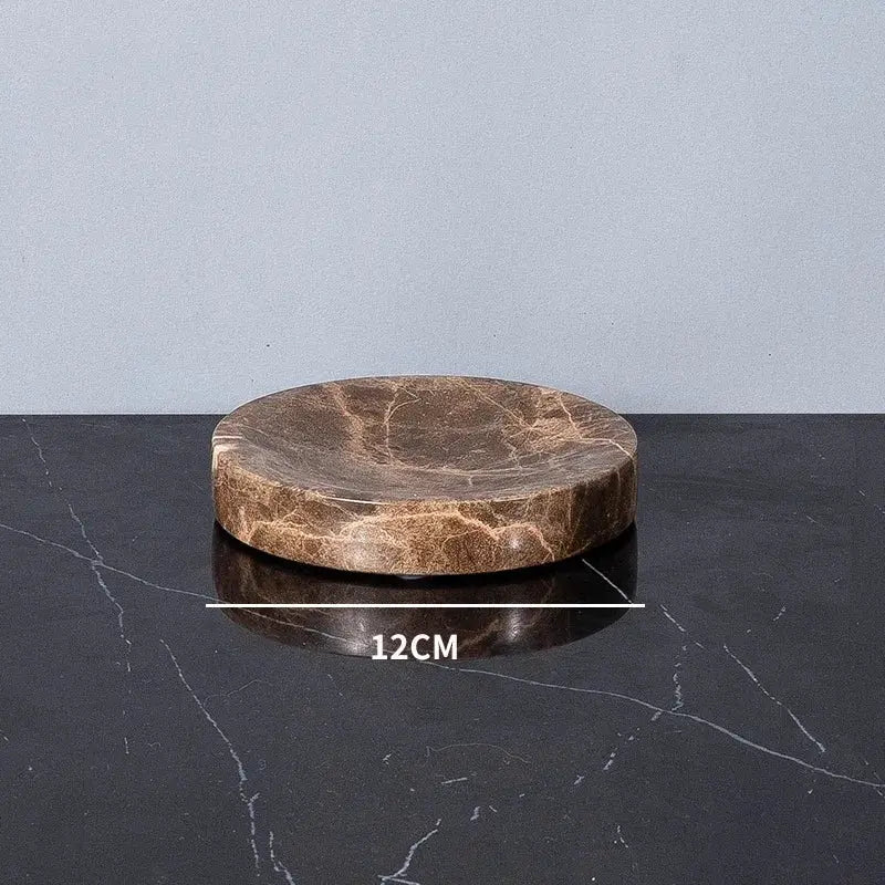 Emperador Dark marble bathroom soap dish; round brown natural stone, 12 cm diameter