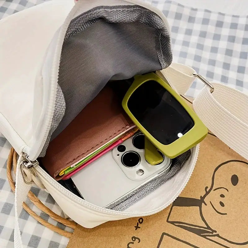 New Fashion Simple Casual Shoulder Messenger Bag, beige crossbody opened to reveal phone, wallet and cards inside
