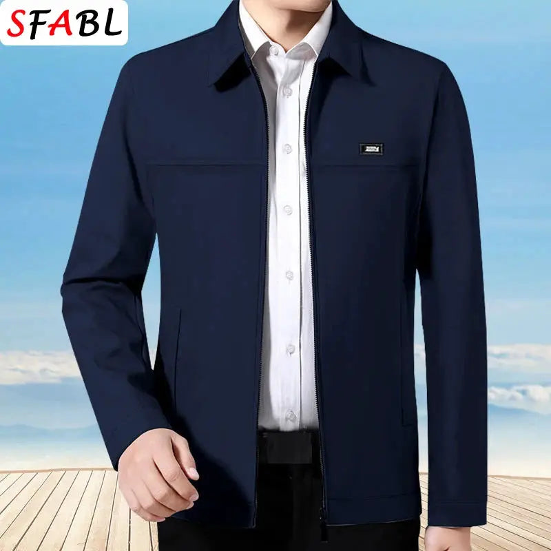 Men's navy blue zip-front casual business jacket by SFABL with front pockets