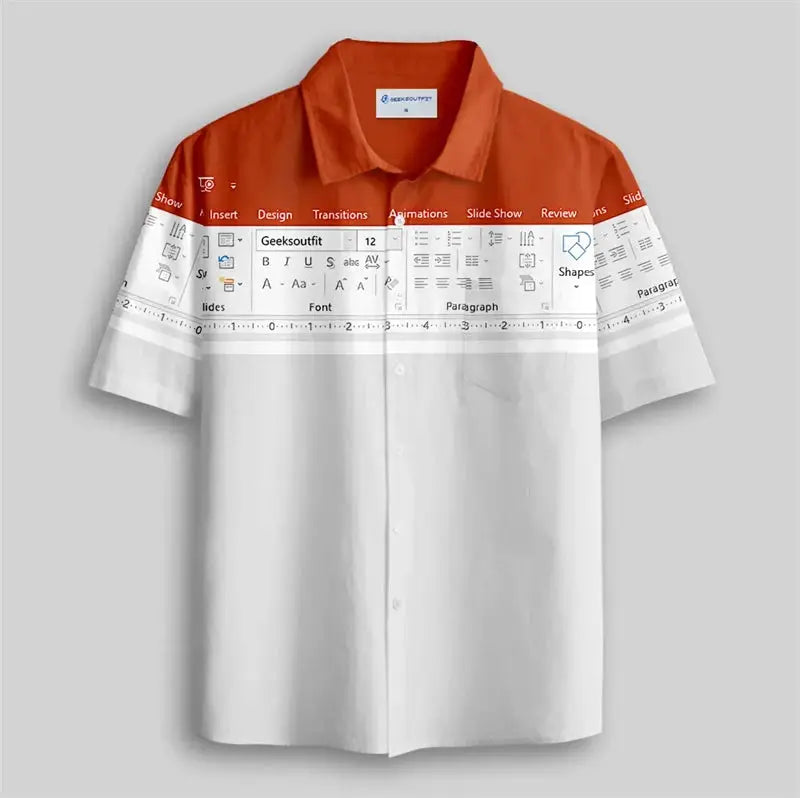 Hawaiian shirt by Simples Market with red collar and white body featuring a 3D-printed Excel spreadsheet graphic.