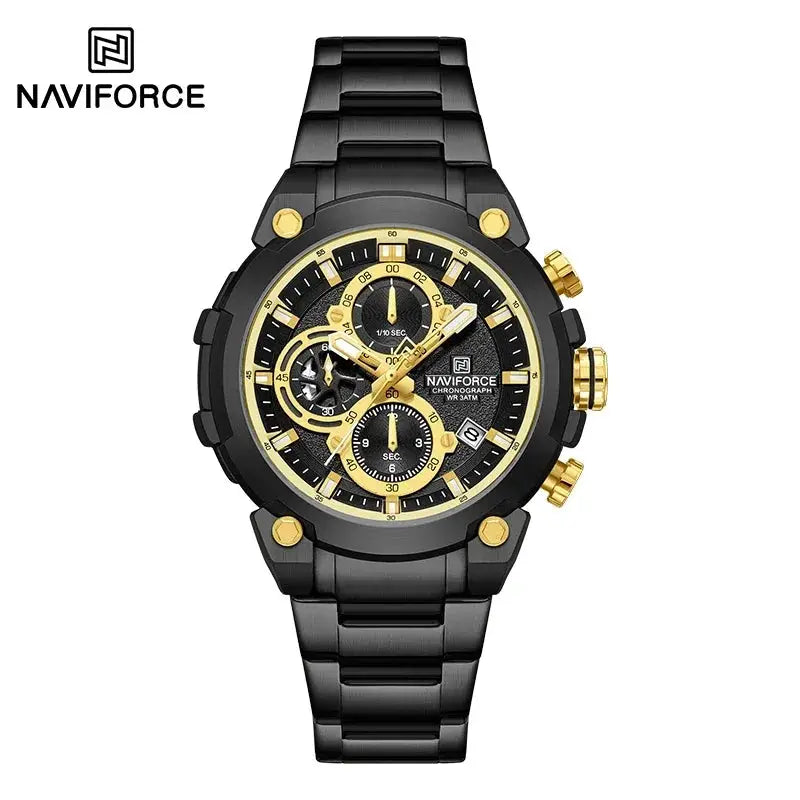 Naviforce men's chronograph wristwatch with black and gold-tone stainless steel band, 3ATM water resistant