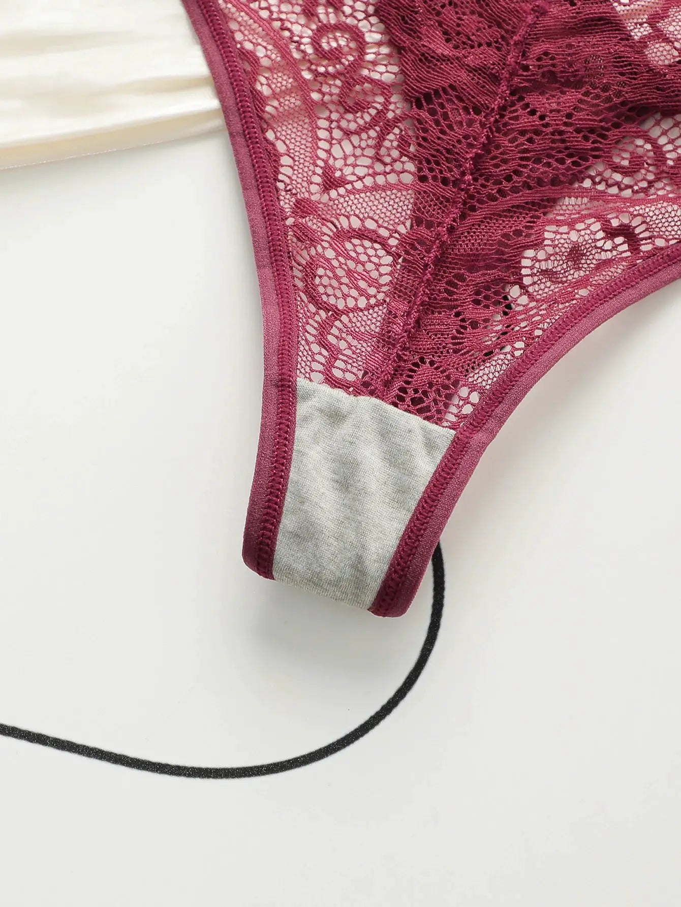 Lace thong underwear in burgundy with gray gusset, lightweight women's lingerie