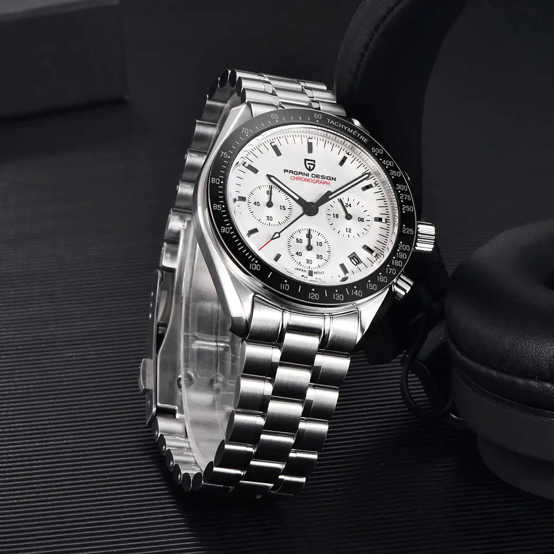 Pagani Design PD1701 men's stainless steel chronograph watch with white dial and black tachymeter bezel