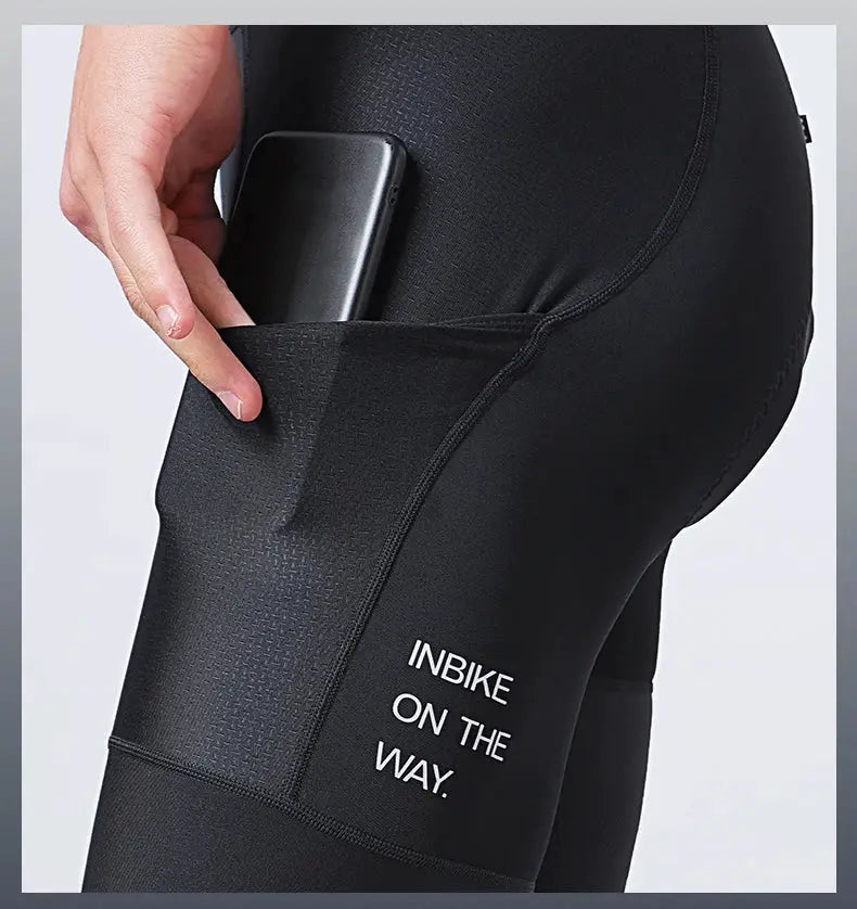 INBIKE men's black MTB cycling bib shorts with side phone pocket
