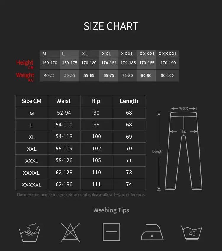 SONECHOKI men's black calf-length running pants size chart showing waist, hip, length measurements.