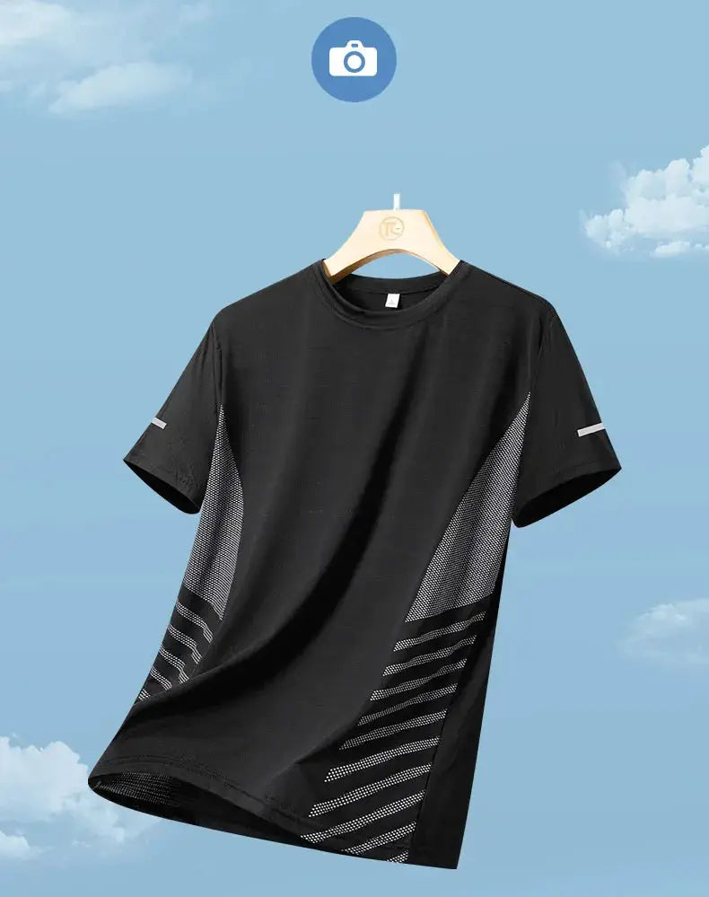 Men's black running T-shirt with mesh side panels and reflective accents, quick-dry breathable fabric