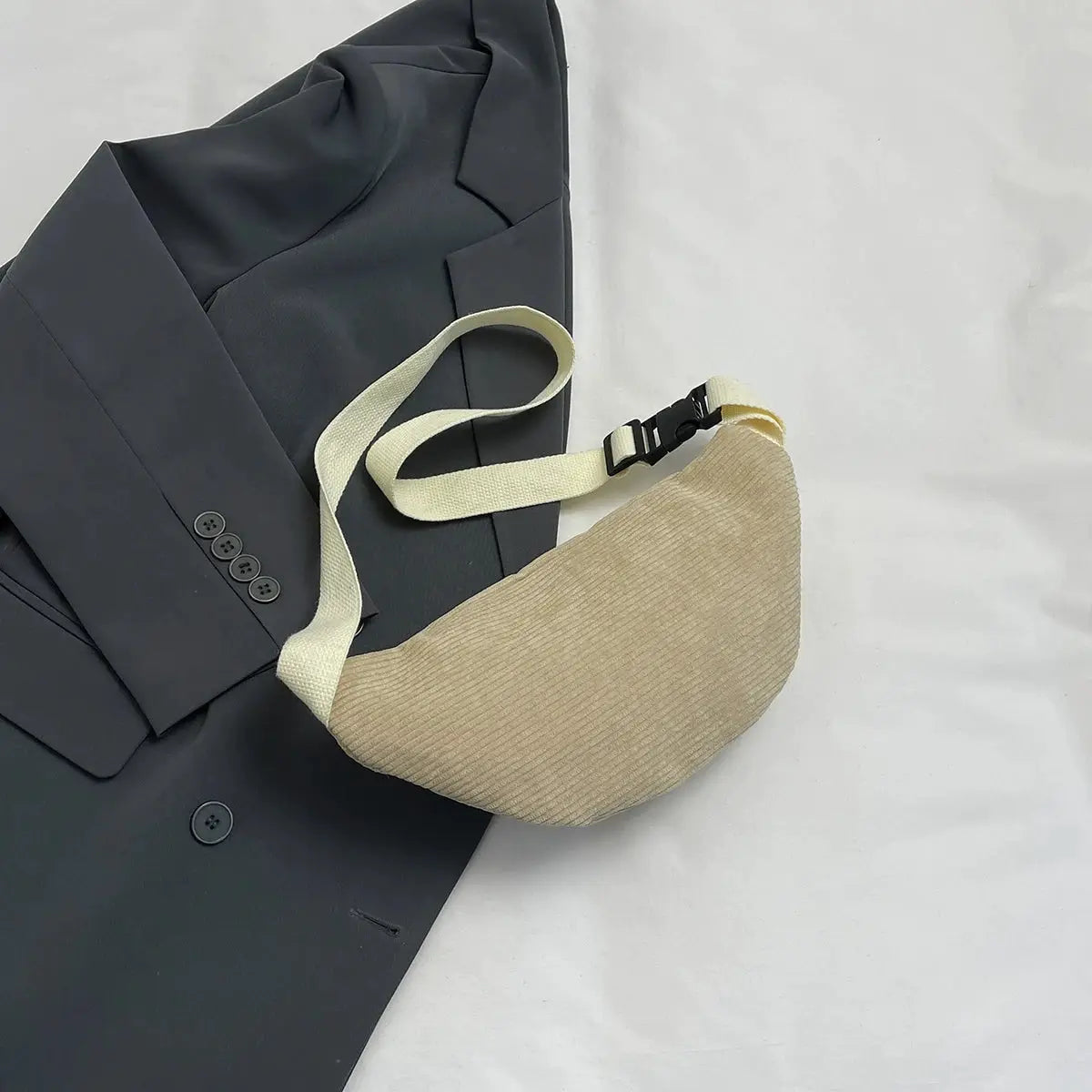 Women's beige corduroy waist bag by Simples Market with cream strap