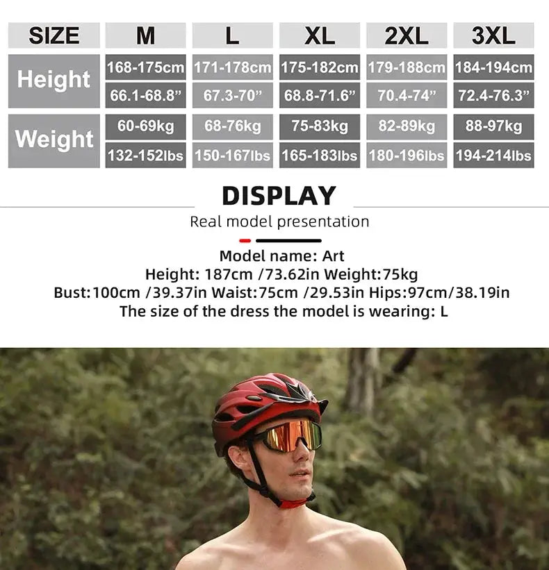 Red cycling helmet worn by a model with mirrored sunglasses outdoors.
