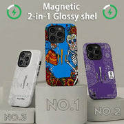 M-MonsterES magnetic glossy phone case by Simples Market; blue skeleton-energy drink design for iPhone 11–17 Pro Max (3-pack)