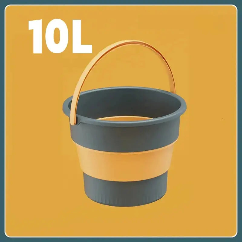 Folding silicone bucket with cover, 10L, blue-gray with yellow band, Simples Market