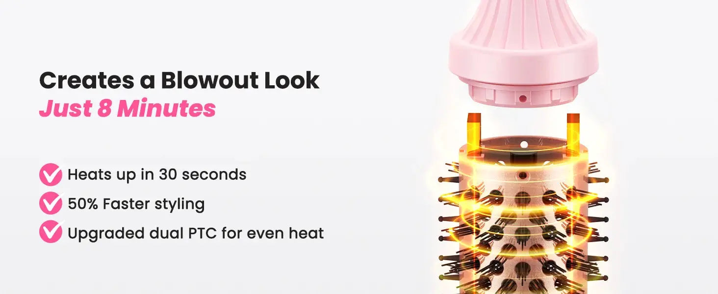 Pink 1.5in heated round brush for blowouts with dual voltage, negative ion technology, and 6 temperature modes